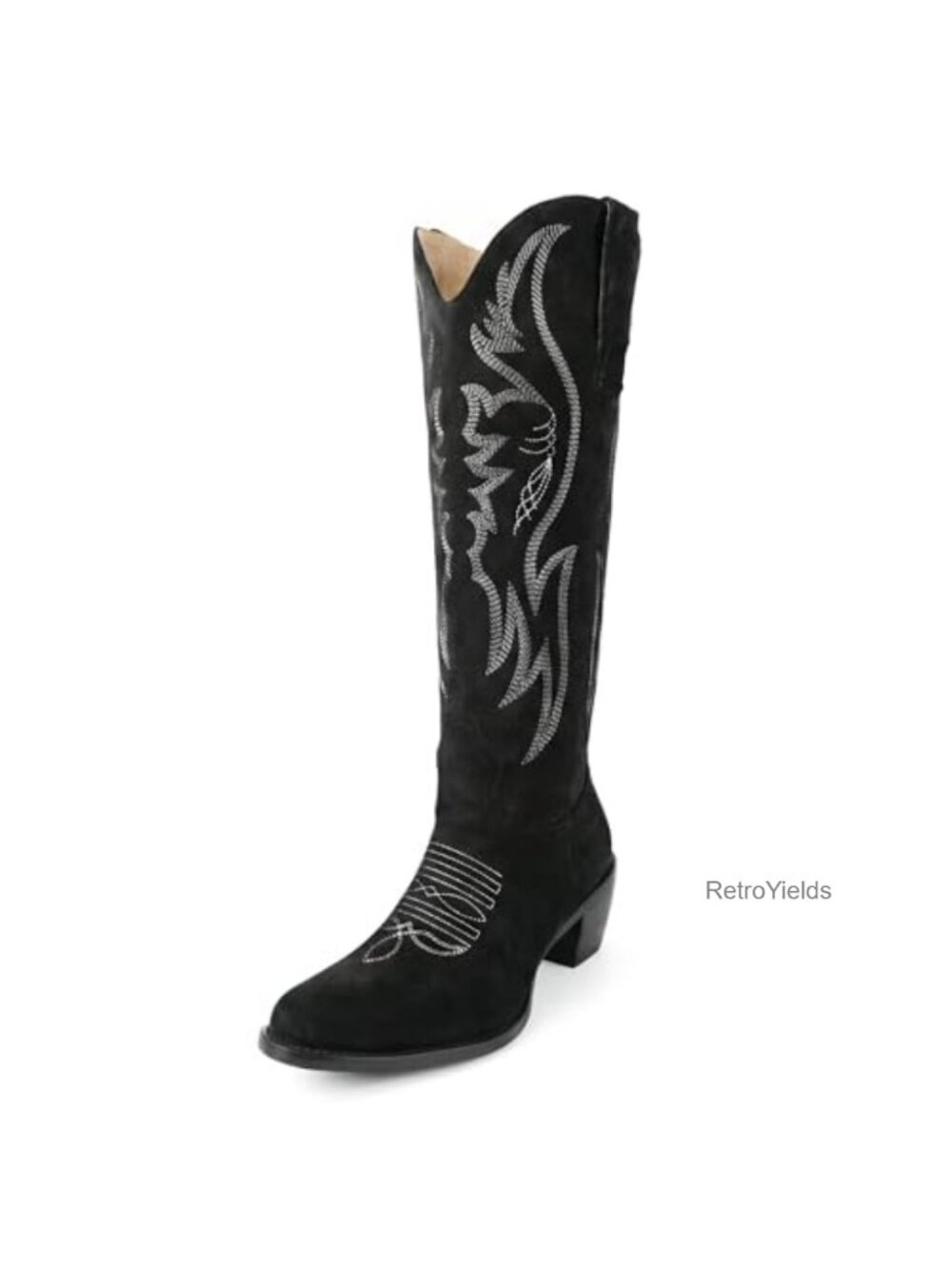 Faux Suede Mid Calf Cowboy Boots Embroidered Western Pull On